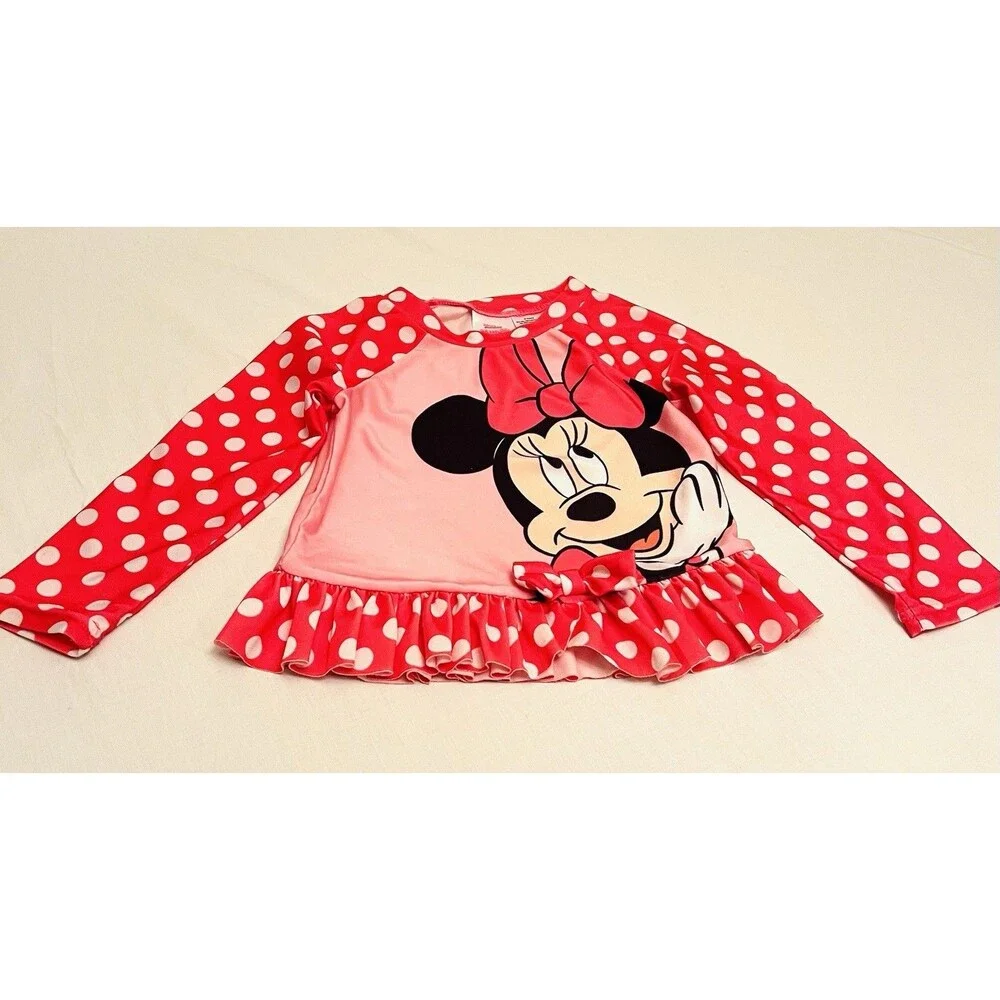 Disney Junior Minnie Mouse 3T Pink/Red/White Polka Dot Long Sleeve Rash Guard